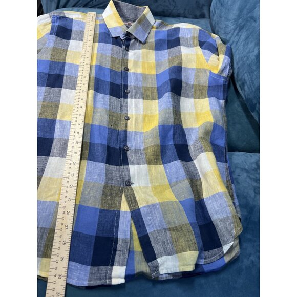Inserch 100% Linen Plaid Shirt Blue Yellow Long Sleeve Button UP MEN XL - Picture 8 of 8